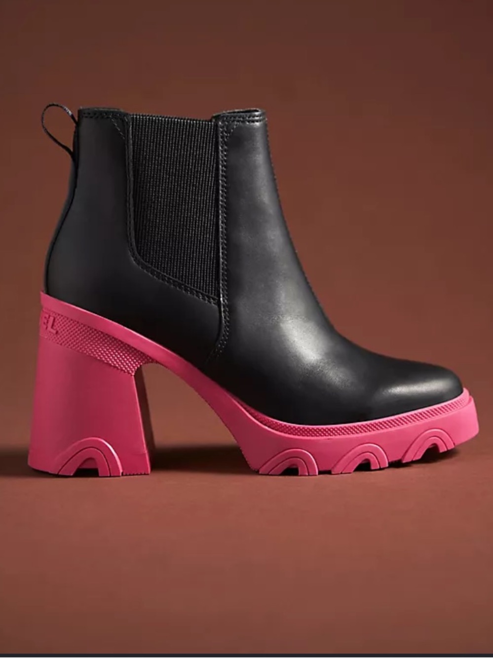 Sorel Brex Heel Chelsea Boots Black Leather Hot Pink Sole Size 9